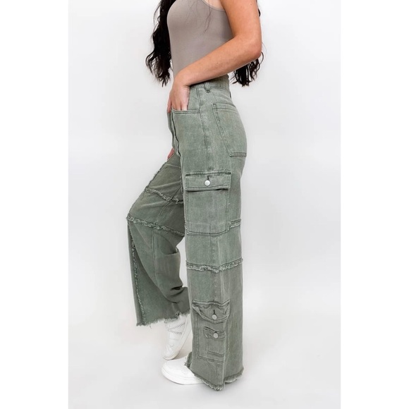 POL Army Green Frayed Edge Utility Jeans Relaxed Fit - Picture 10 of 14